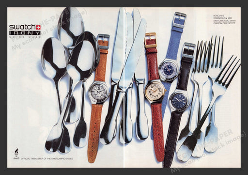 Swatch 1990s Print Advertisement (2 pages) 1995 Watch Irony Silverware Olympics Fetch the Paper!