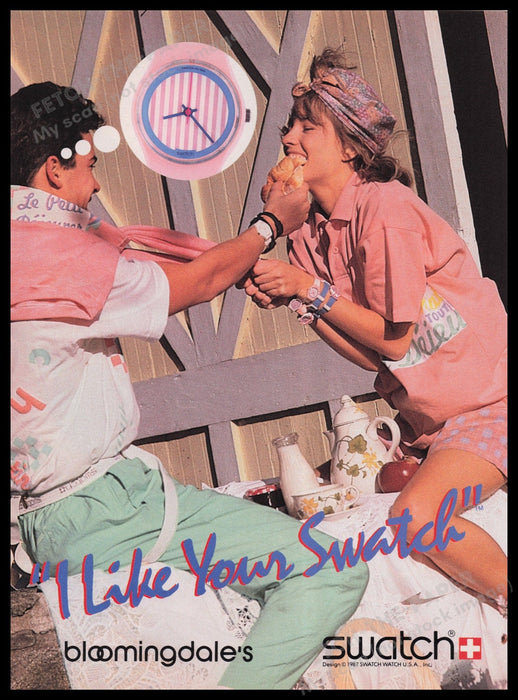Swatch Watch 1980s Print Advertisement Ad 1987 Pastels "I Like Your Swatch" Fetch the Paper!