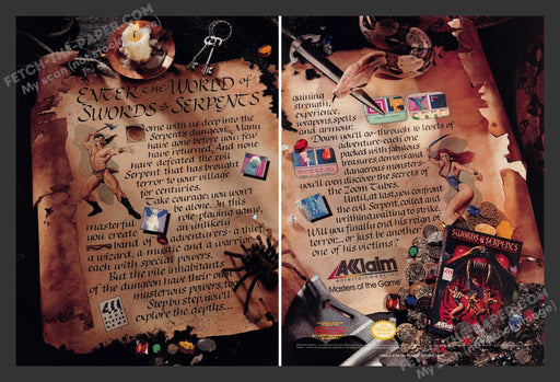 1990 Print Advertisement 2 Page Swords and Serpents Video Game Ad.