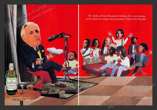 Tanqueray Giving a Book Lecture 1990s Print Advertisement (2 pgs) 1996 Fetch the Paper!