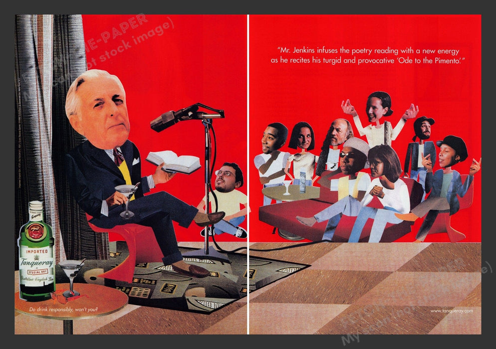 Tanqueray Giving a Book Lecture 1990s Print Advertisement (2 pgs) 1996 Fetch the Paper!