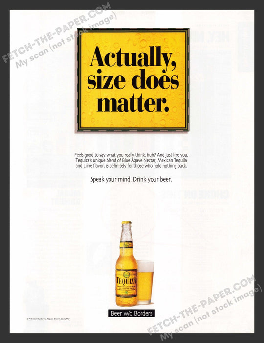 2001 Print Advertisement Tequiza Beverage "Actually, Size Does Matter" Alcohol.