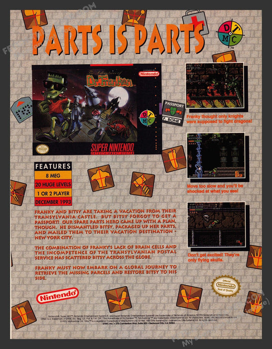 1993 Print Advertisement The Adventures of Dr. Franken Video Game Ad.