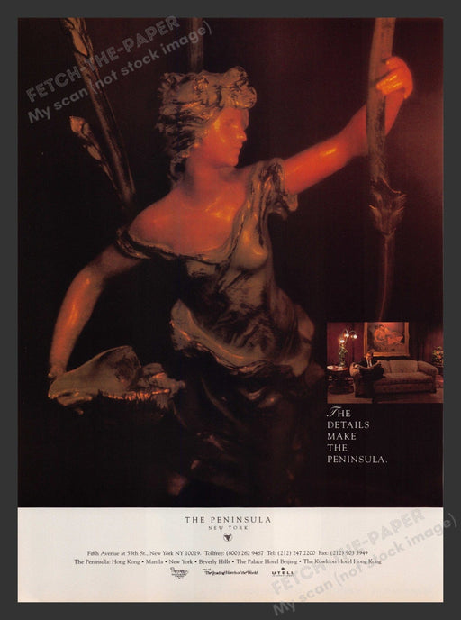 The Penninsula 1990s Print Advertisement 1995 Hotel NYC New York Statue Lamp Fetch the Paper!