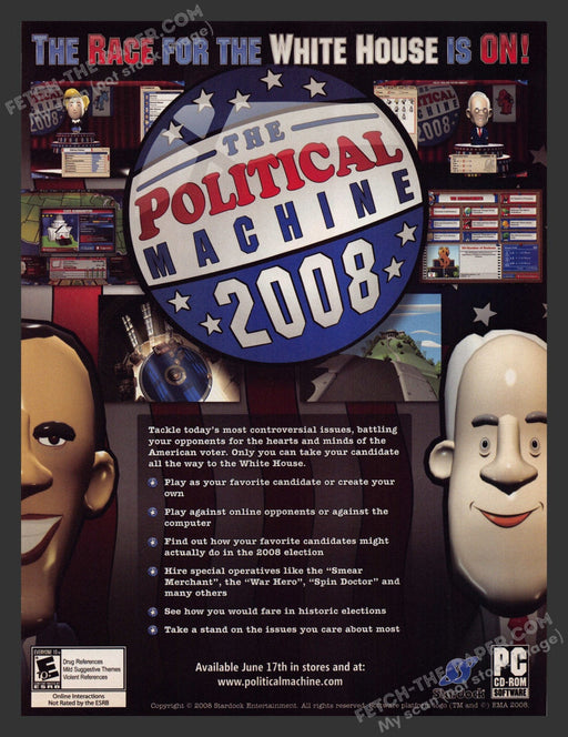 2008 Print Advertisement The Political Machine Obama & McCain Video Game Ad.