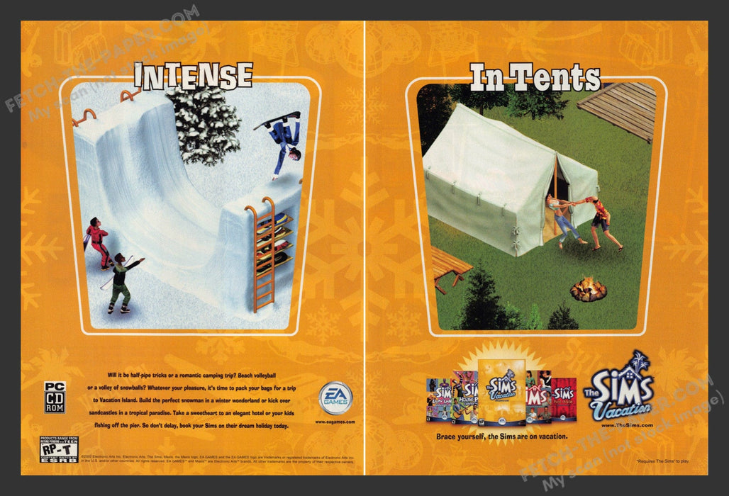 2002 Print Advertisement 2 Page The Sims Vacation Tents Video Game Ad.