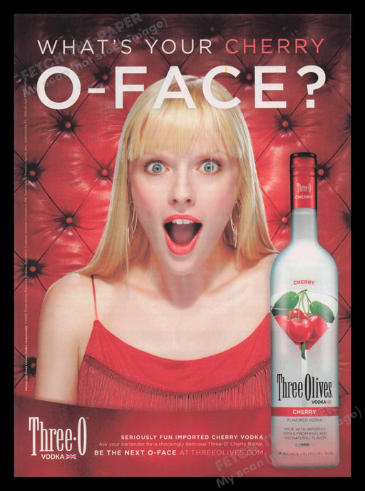 Three Olives Vodka 2000s Print Advertisement Ad 2009 "O-Face" Cherry Fetch the Paper!