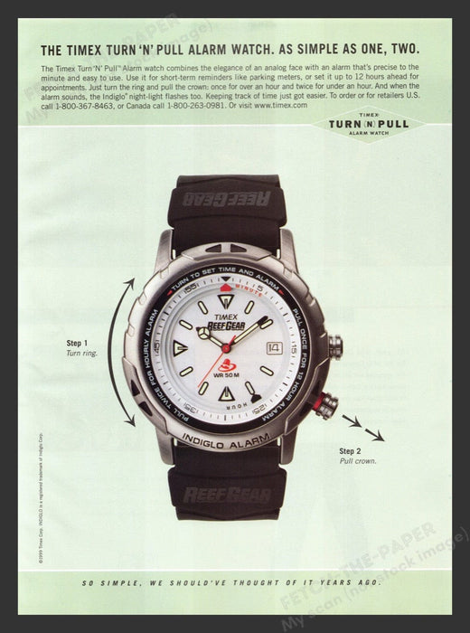 1999 Timex Watches Reef Gear Turn 'n' Pull Alarm Print Advertisement Ad