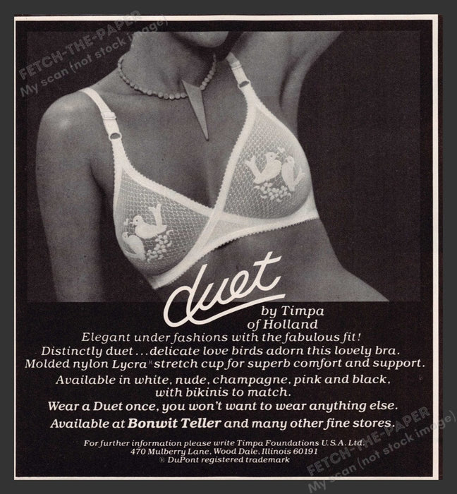 1987 Timpa Duet Love Birds Nylon Lycra Bra Print Advertisement Ad