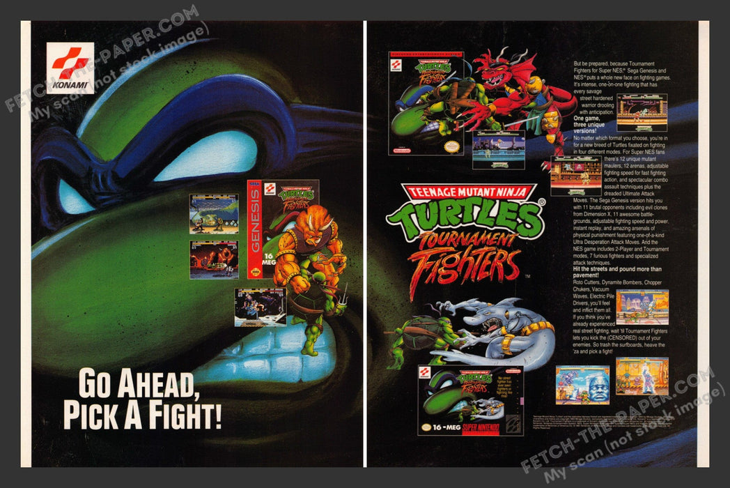 1993 Print Advertisement 2 Page TMNT Tournament Fighters Video Game Ad.
