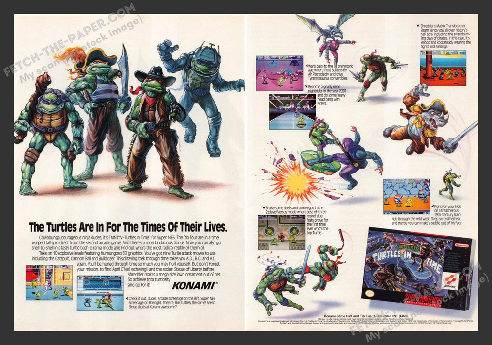 1992 Print Advertisement 2 Page TMNT Turtles in Time Video Game Ad.