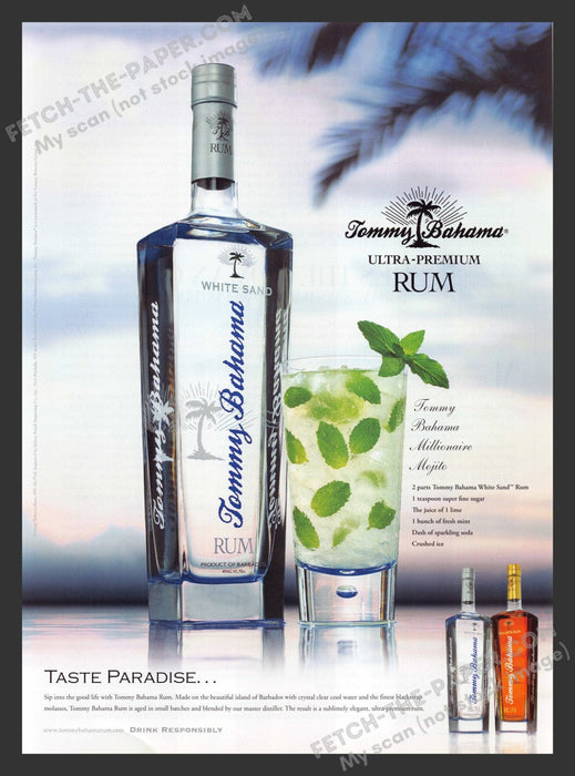 2007 Print Advertisement Tommy Bahama Rum "Millionaire Mojito" Recipe Alcohol Ad.