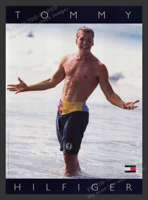 Tommy Hilfiger Buff Guy in Swimsuit Muscles Ocean 1990s Print Advertisement 1996 Fetch the Paper!