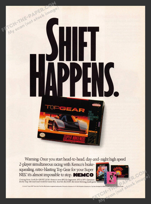 1992 Print Advertisement Top Gear "Shift Happens" Video Game Ad.