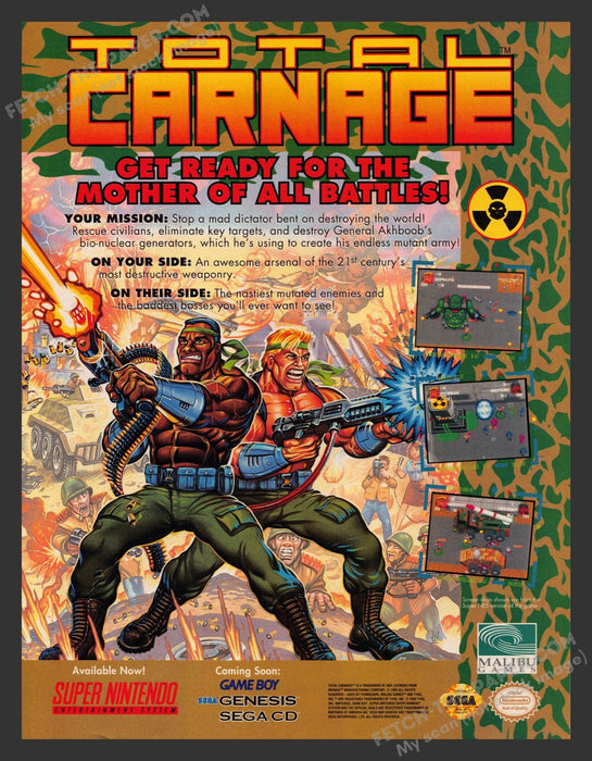 1993 Print Advertisement Total Carnage Video Game Ad.