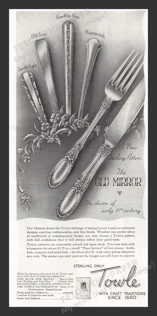 1940 Towle Sterling Flatware "The Old Mirror" Print Advertisement Ad