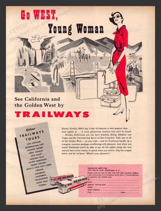 1956 Trailways "Go West" California Golden West Travel Print Advertisement Ad