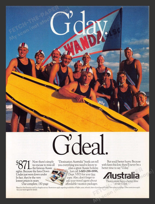 1990 Travel Australia G-day! Surfers Print Advertisement Ad
