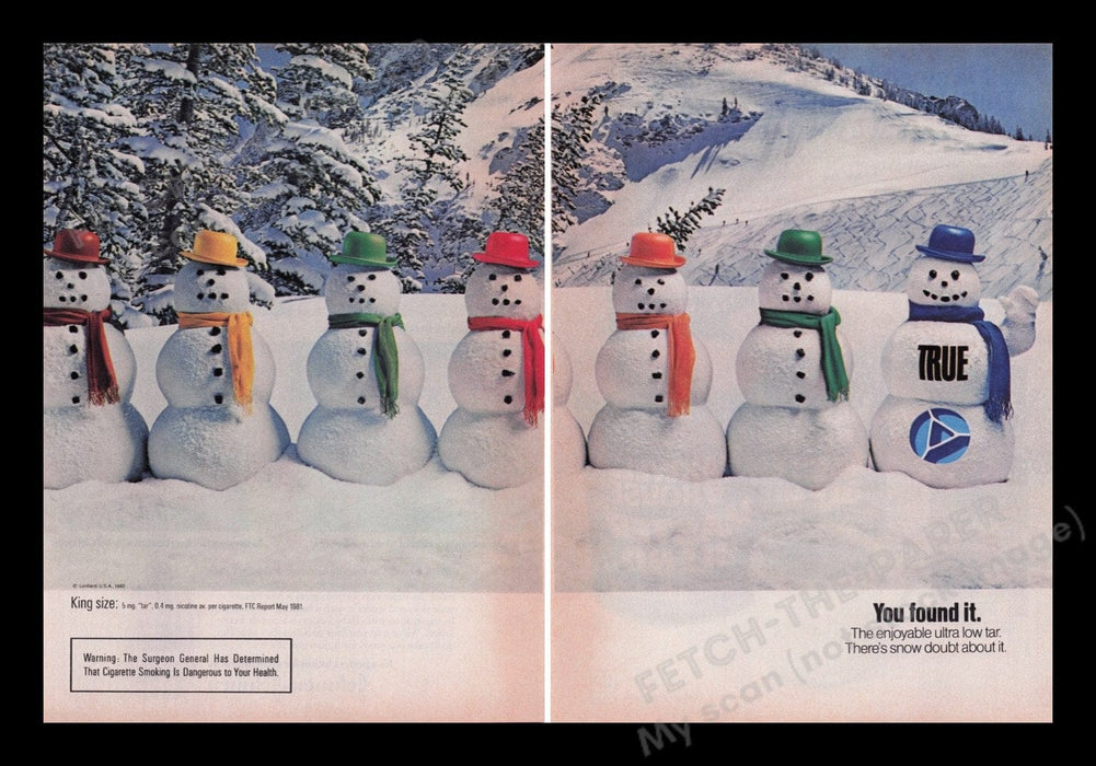 True Cigarettes 1980s Print Advertisement Ad (2 pages) 1982 Snowmen Fetch the Paper!
