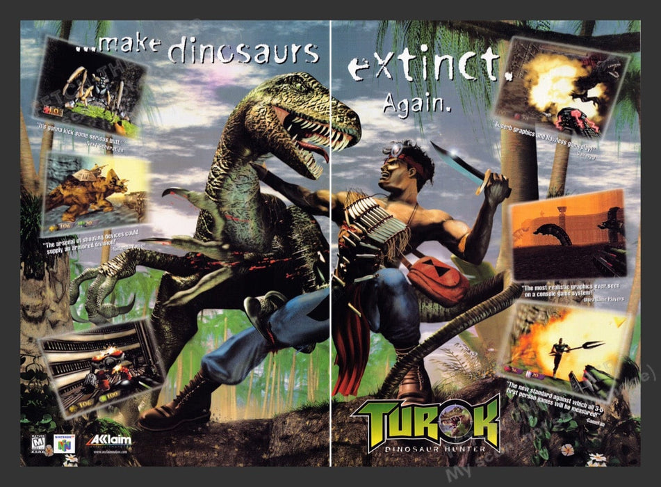 1997 Turok "Make dinosaurs extinct again" Video Game Print Advertisement (2 Pgs)