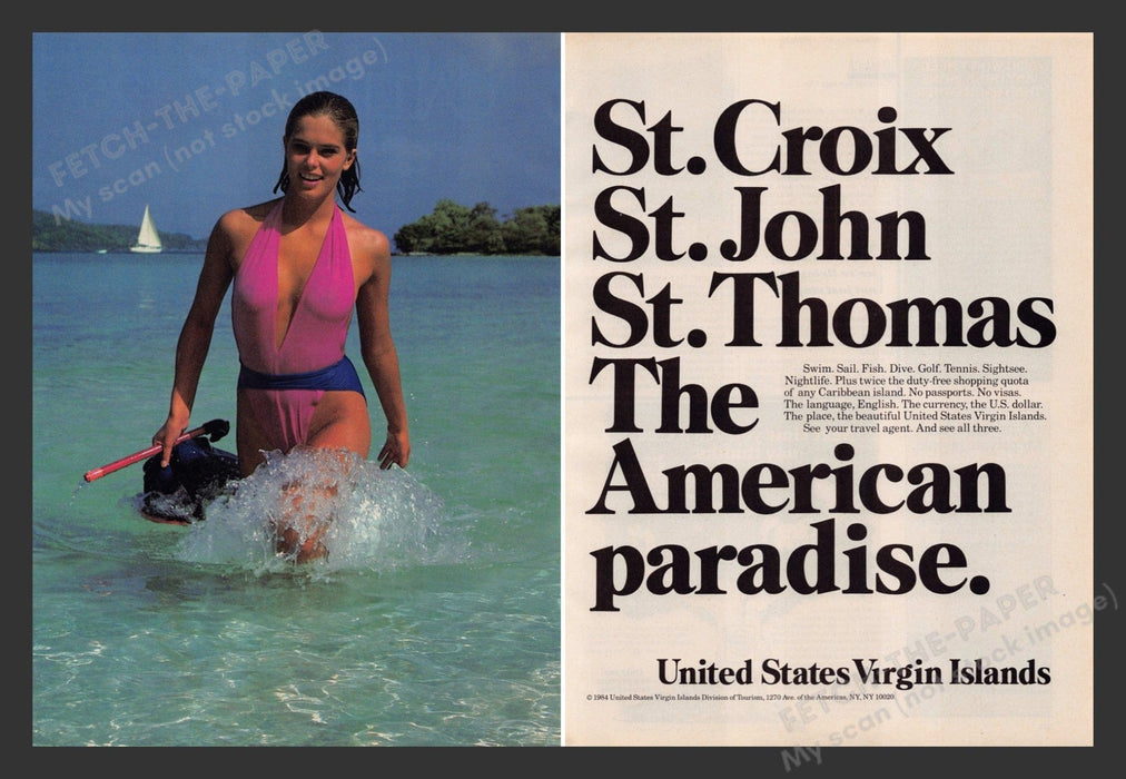 U.S. Virgin Islands 1980s Print Advertisement (2 pages) 1983 Travel Promo Water Fetch the Paper!