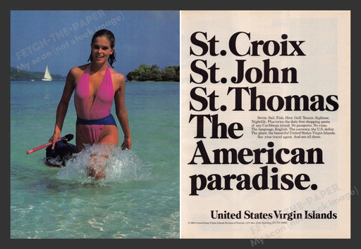 U.S. Virgin Islands 1980s Print Advertisement (2 pages) 1983 Travel Promo Water Fetch the Paper!