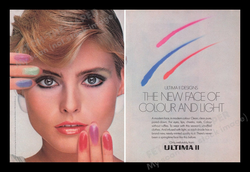 Ultima II Cosmetics 1980s Print Advertisement (2 pages) 1985 Beautiful Girl Fetch the Paper!