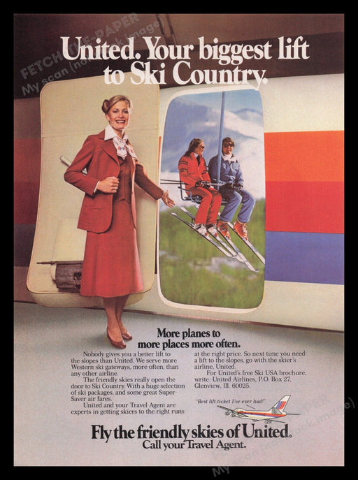United Airlines 1970s Print Advertisement Ad 1978 Stewardess Ski Country Fetch the Paper!