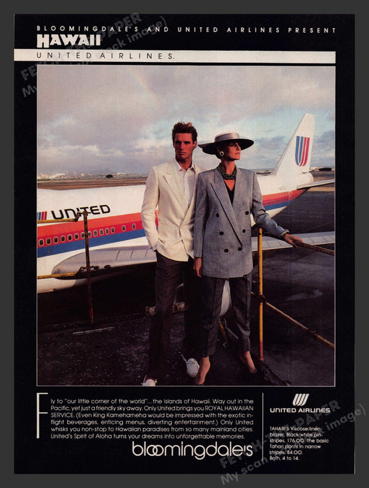 United Airlines 1980s Print Advertisement Ad 1983 Hawaii Airplane Fashion Couple Fetch the Paper!
