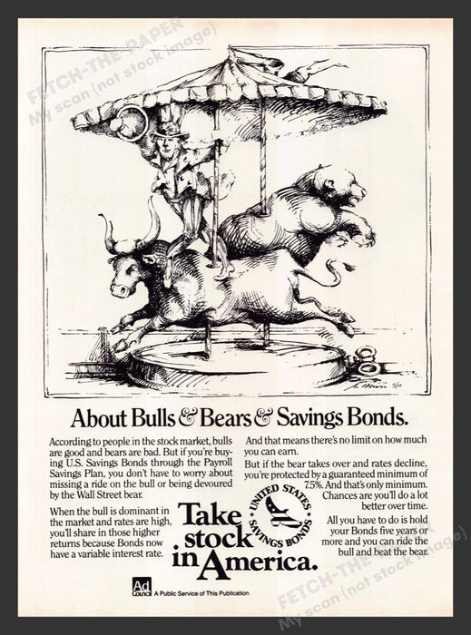 1984 United States Savings Bonds Carousel Bull Bear Sam Print Advertisement Ad
