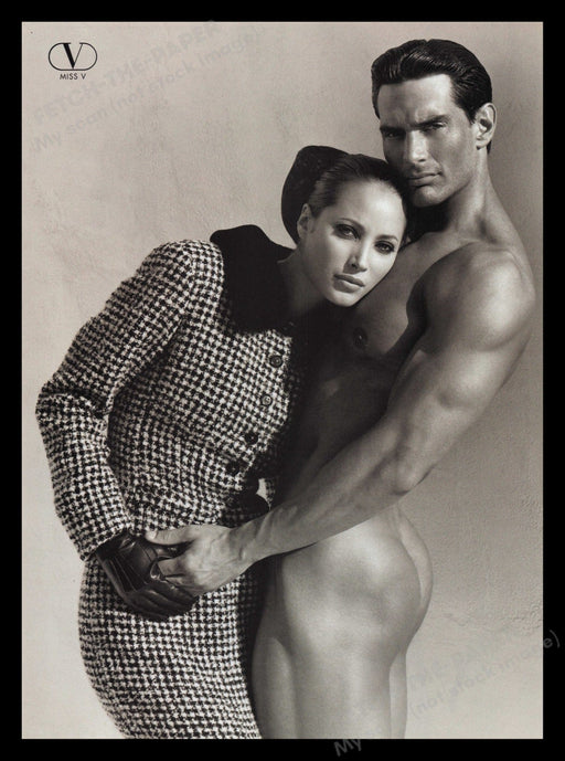 Valentino 1990s Print Advertisement 1995 Christy Turlington Naked Male Muscles Fetch the Paper!