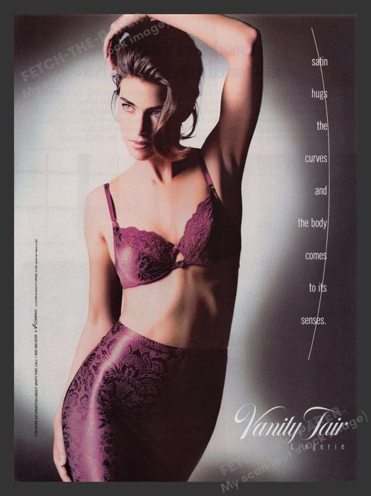 Vanity Fair 1990s Print Advertisement 1991 Lingerie Satin Slip Purple Model Fetch the Paper!