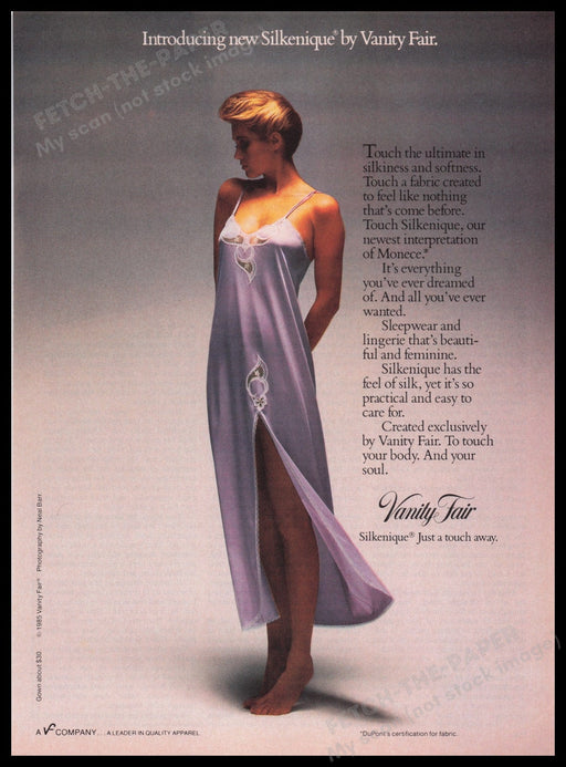 Vanity Fair Lingerie 1980s Print Advertisement Ad 1985 Silkenique Nightgown Fetch the Paper!