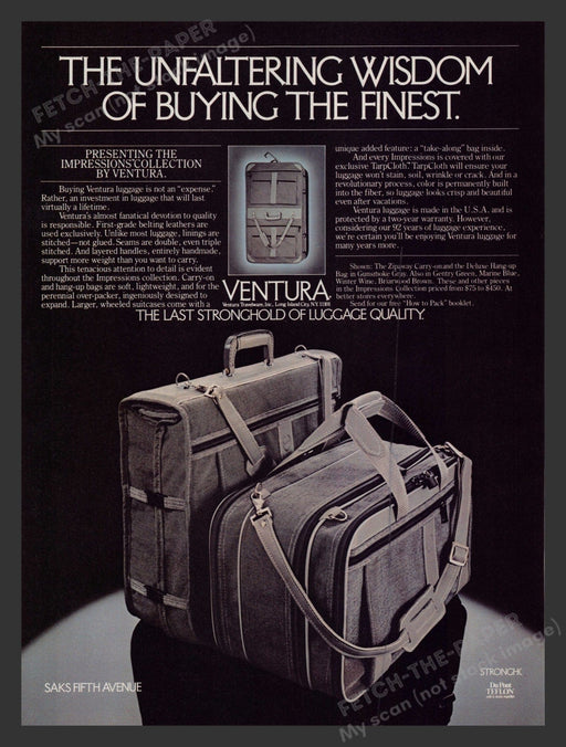 Ventura 1980s Print Advertisement Ad 1983 Impressions Collection Luggage Fetch the Paper!