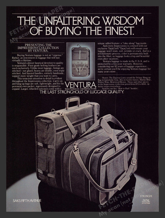 Ventura 1980s Print Advertisement Ad 1983 Impressions Collection Luggage Fetch the Paper!
