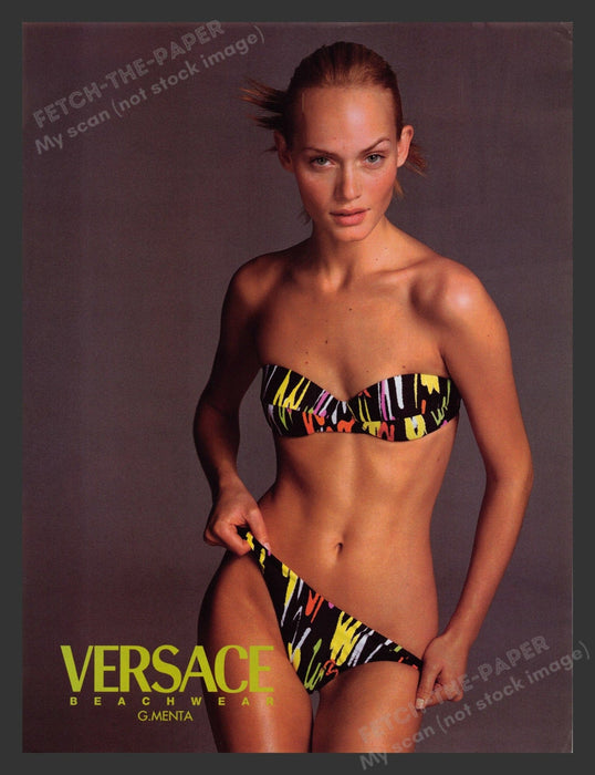 Versace 1990s Print Advertisement 1996 Beachwear Bikini Amber Valletta Smokin Fetch the Paper!