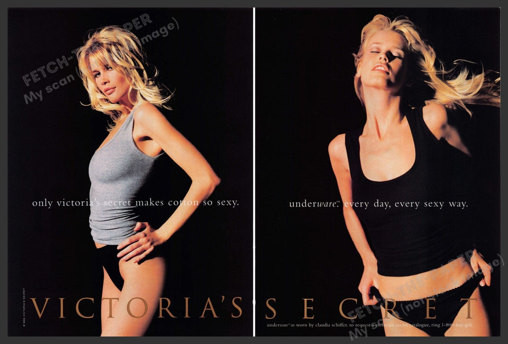Victoria's Secret Claudia Schiffer 1990s Print Advertisement (2 pages) 1996 Sexy Fetch the Paper!