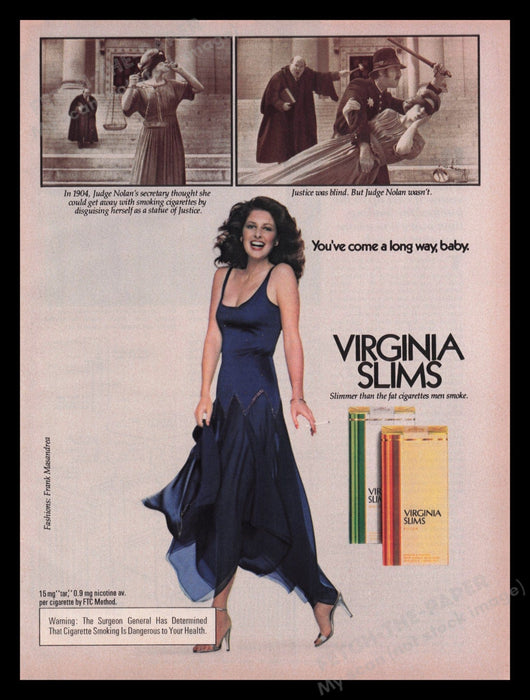 Virginia Slims Cigarettes 1970s Print Advertisement Ad 1979 Blind Justice Fetch the Paper!