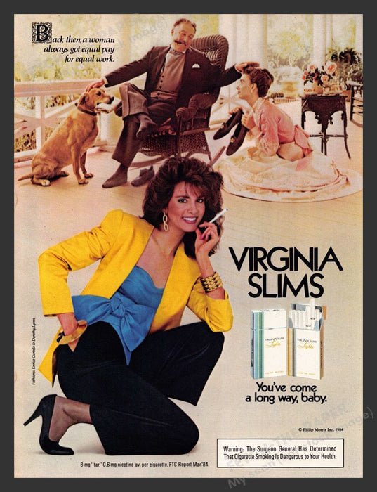1985 Virginia Slims Cigarettes Equal Pay Equal Work Print Advertisement Ad