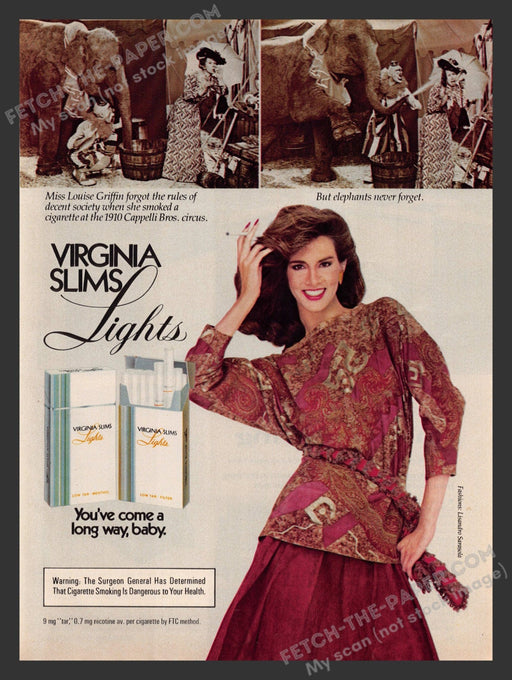 1982 Print Advertisement Virginia Slims Lights Cigarettes Cappeli Bros. Circus.