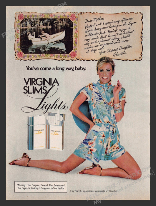 1982 Print Advertisement Virginia Slims Lights Cigarettes Row Boat Ad.