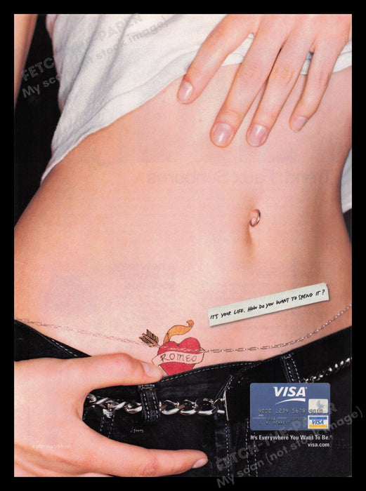 Visa 2000s Print Advertisement Ad 2001 Girl's Belly Abs Romeo Tattoo Fetch the Paper!