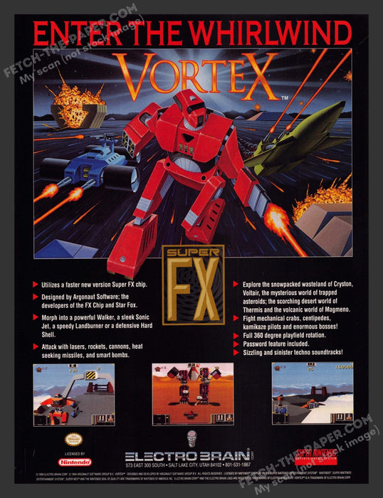 1994 Print Advertisement Vortex Super FX Video Game Ad.