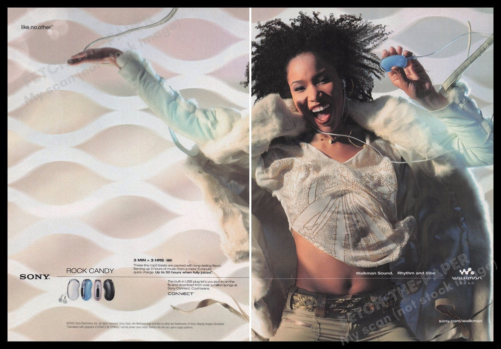 Walkman Radio 2000s Print Advertisement (2 pages) 2005 Rock Candy Bean Promo Fetch the Paper!