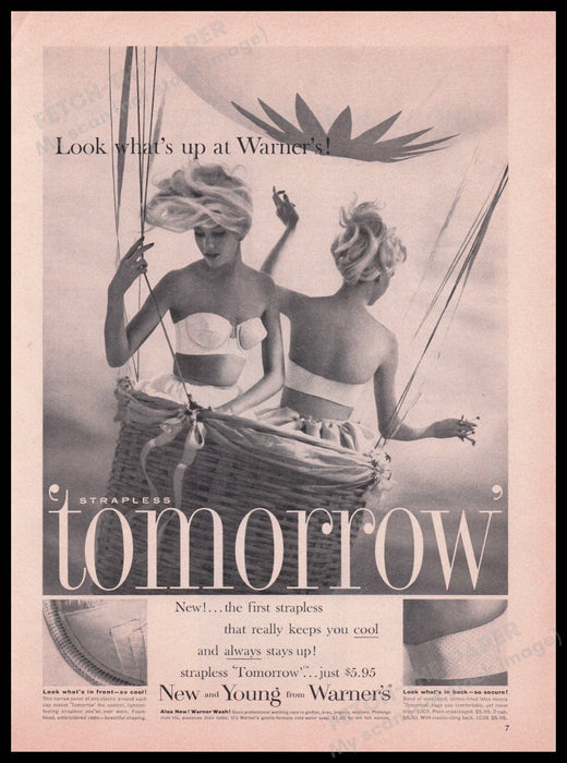 Warner's Lingerie 1960s Print Advertisement Ad 1960 Twins Hot Air Balloon Fetch the Paper!