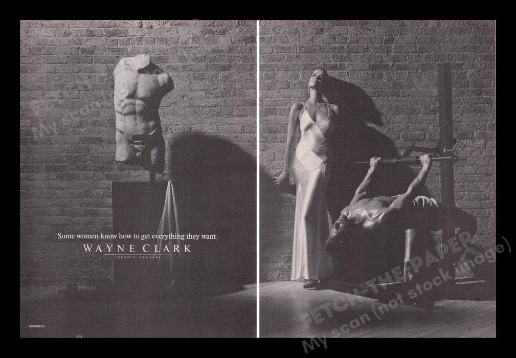 Wayne Clark Clothing 1980s Print Advertisement (2 pages) 1985 Sexy Male Female Fetch the Paper!