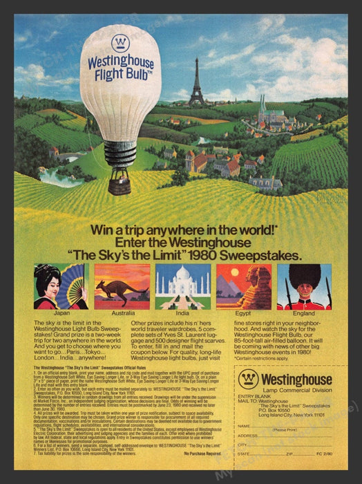 1980 Westinghouse Flight Bulb Sweepstakes "The Sky's the Limit" Print Ad