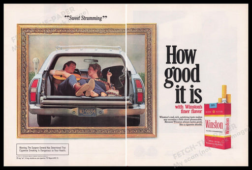 Winston Cigarettes 1970s Print Advertisement Ad (2 pages) 1972 "Sweet Strumming" Fetch the Paper!