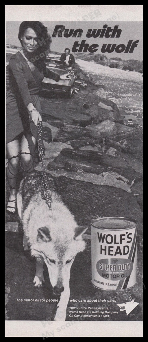 Wolf's Head Motor Oil 1970s Print Advertisement Ad 1972 Chain Car Legs Fetch the Paper!
