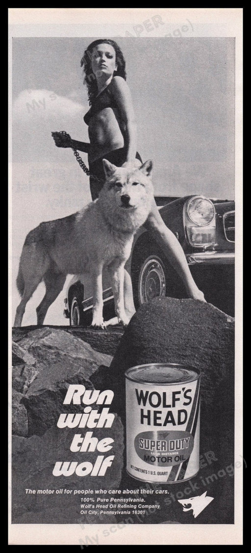 Wolf's Head Motor Oil 1970s Print Advertisement Ad 1972 Legs Sexy Car Fetch the Paper!